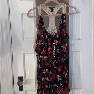 Forever 21 Floral Romper Black Red‎ Rose Crochet Racerback Button Front Small